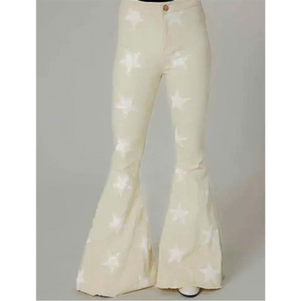 Altar'd State Star Struck Flare Jeans in Oatmeal and White